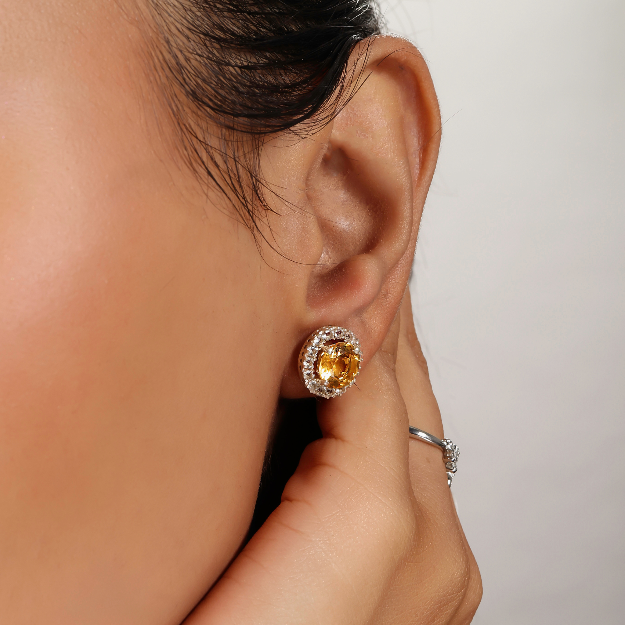 Halo Citrine Solitaire Stud For Anniversary Present, Hallmarked 925 Sterling Silver